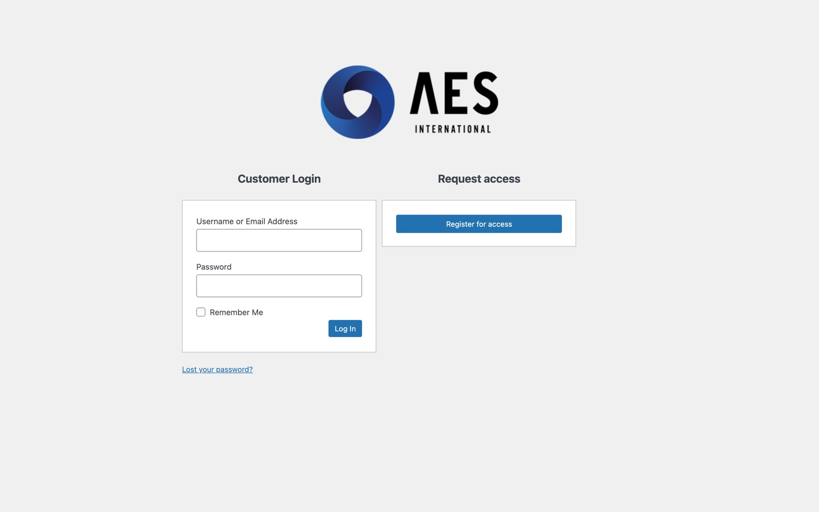 Login van het AES-bestelportaal met klant-login en een aanvraag voor toegang