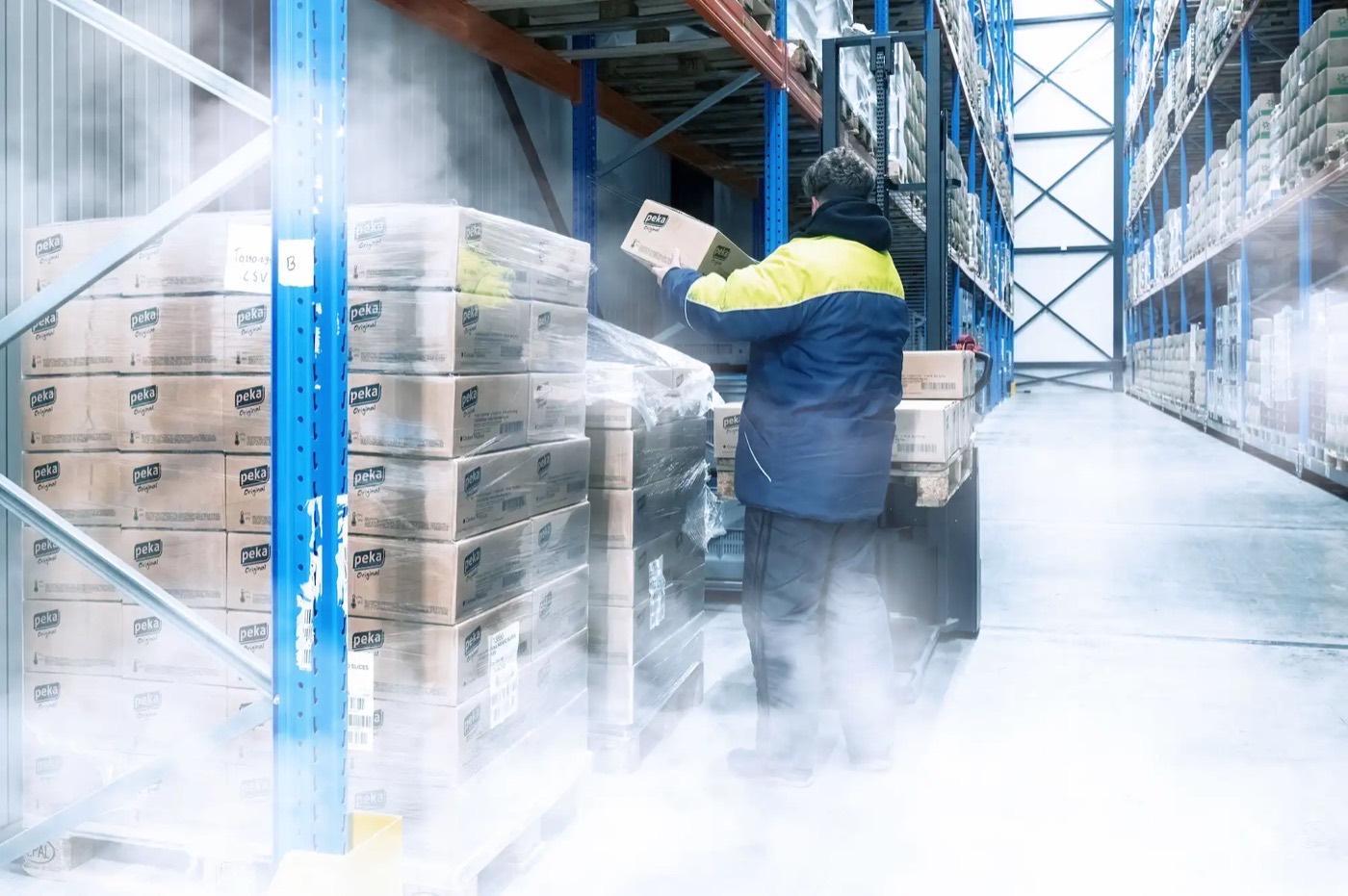 Coldservice employee picking orders between the racks in the cold mist of the freezer store