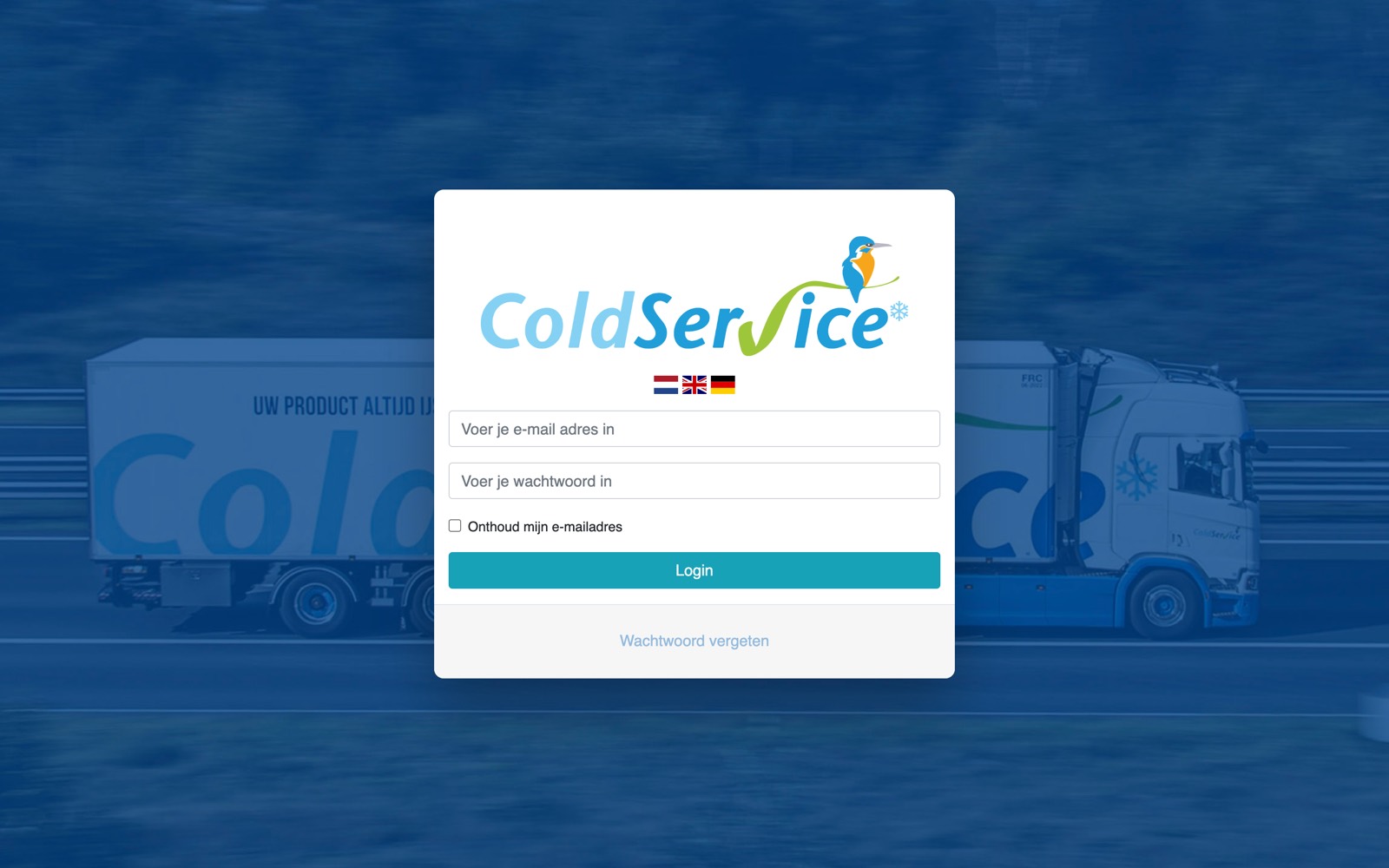 Login screen of the Coldservice Insight portal, with a choice of Dutch, English and German