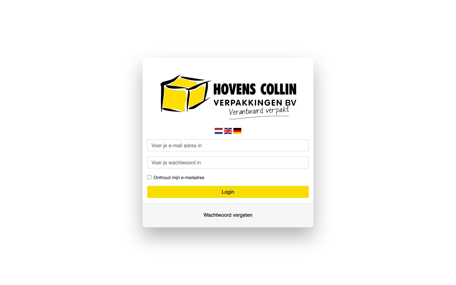 Inlogscherm van het Insight-portaal bij Hovens Collin Verpakkingen