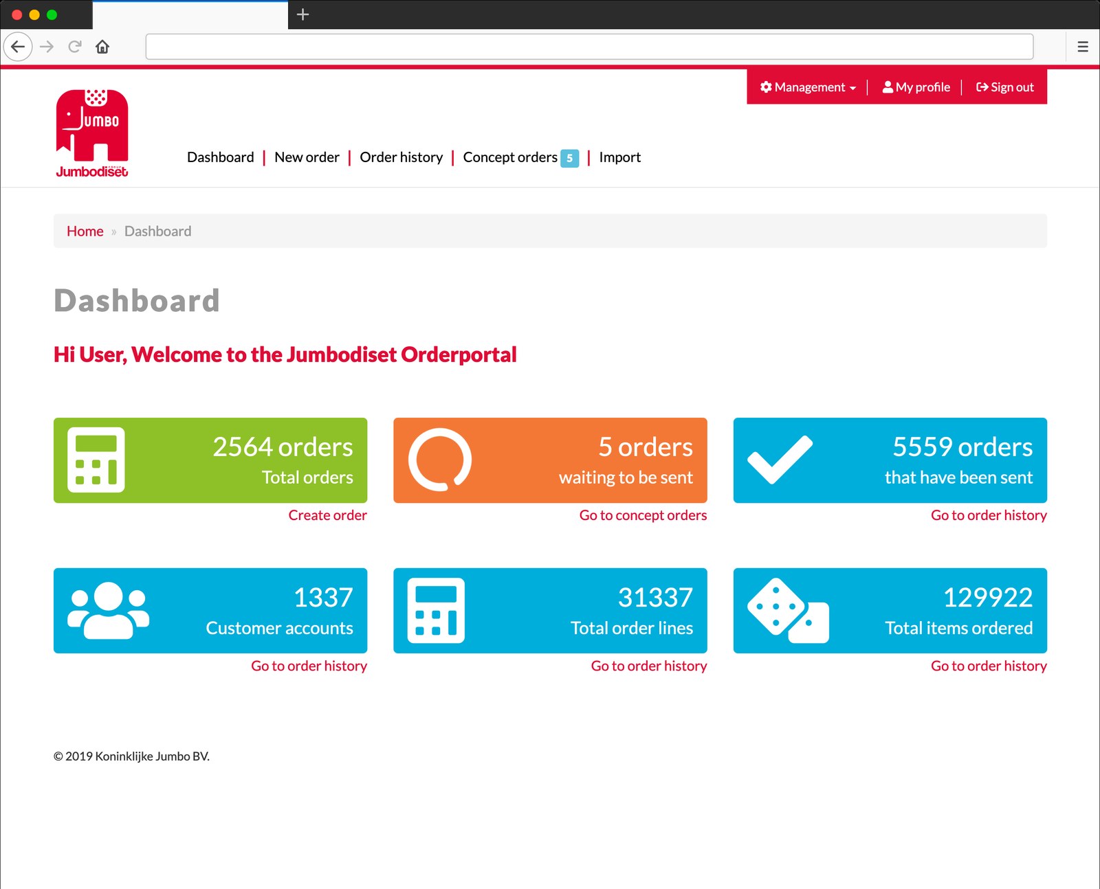 Dashboard van het orderportal van Jumbo Diset