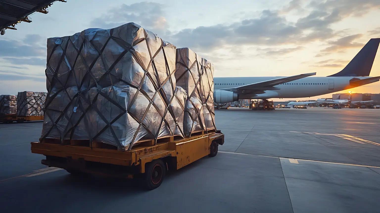 Luchtvrachtpallet van NedCargo bij een vliegtuig op het tarmac in de avondzon