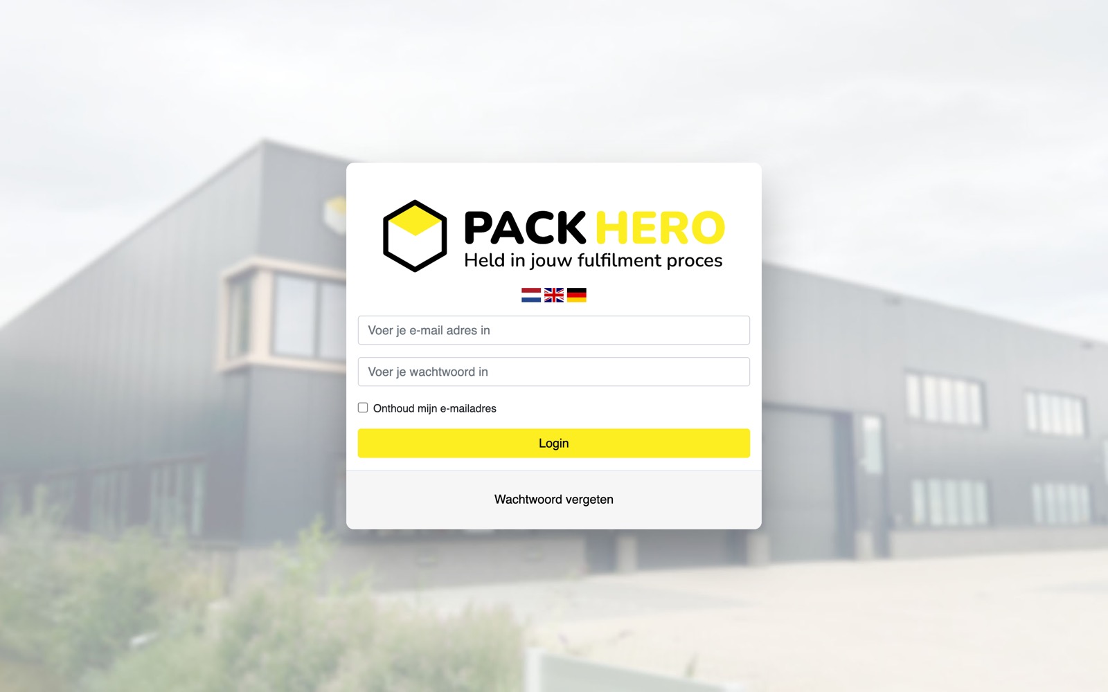 Inlogscherm van het Insight-portaal bij PackHero, in het Nederlands, Engels of Duits